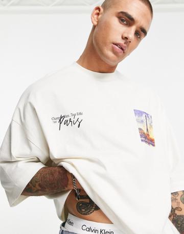 Asos Design Oversized T-shirt In Off White With Paris City Front Print