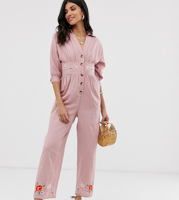 Asos Design Tall Embroidered Linen Tea Jumpsuit-multi