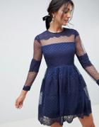 Asos Design Premium Lace & Dobby Mesh Mini Dress - Navy