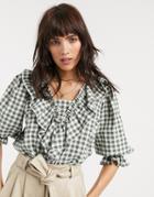 Asos Design Long Sleeve Gingham Top With Ruffle Detail-green