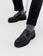 Asos Design Monk Shoes In Black Faux Leather With Chunky Sole - Black