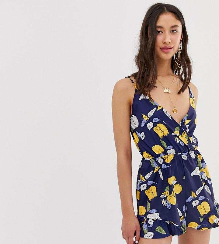 Parisian Tall Cami Strap Romper In Lemon Print - Navy