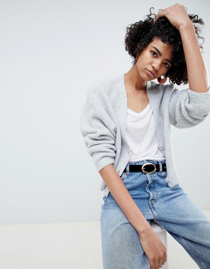 Asos Design Eco Cropped Cardigan In Fluffy Yarn With Buttons - Gray