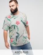 Asos Plus Longline T-shirt With All Over Floral Print & Curved Hem - Gray