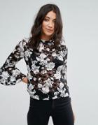 Qed London Mesh Top With Floral Print - Black