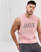 Asos Design Sleeveless T-shirt With Dropped Armhole And Text Print-pink