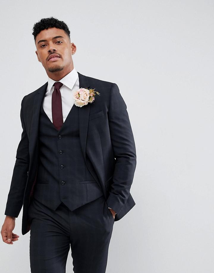 River Island Wedding Skinny Fit Check Suit Jacket In Navy