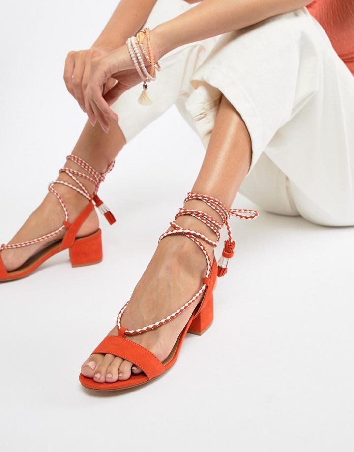 Qupid Tie Leg Mid Heeled Sandals-orange