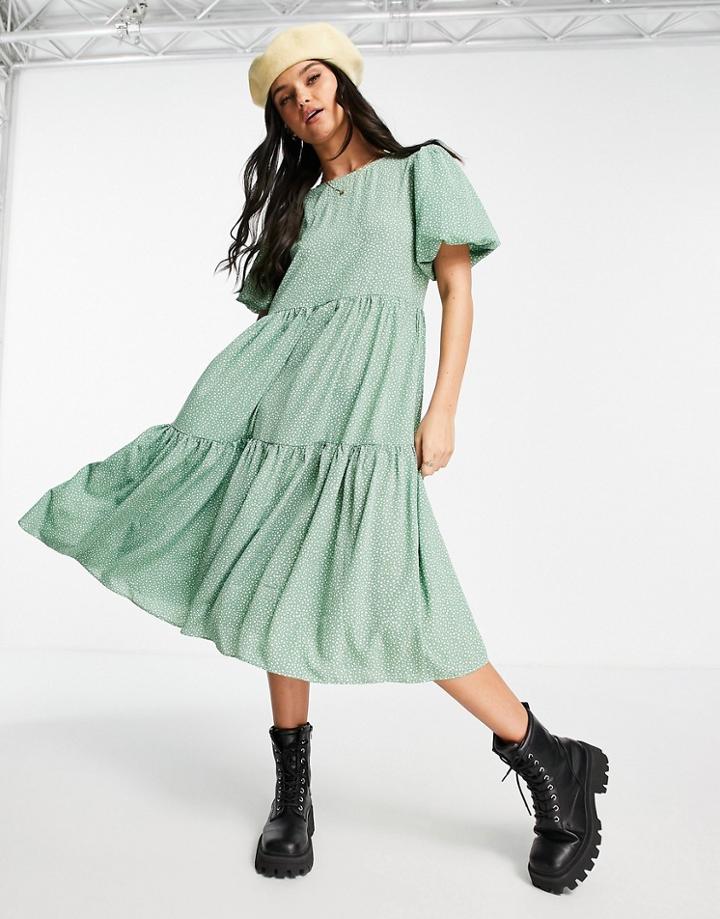Glamorous Midi Smock Dress With Tie Back In Meadow Ditsy-green