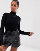 Asos Design Roll Neck Sweater In Fine Knit Rib-black