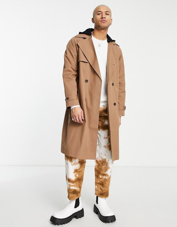 Asos Design Water Resistant Oversized Trench Coat In Stone With Jersey Hood-neutral