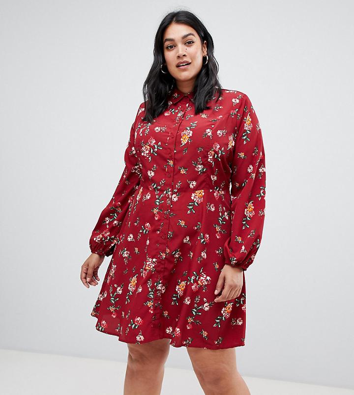 Influence Plus Floral Skater Shirt Dress - Red