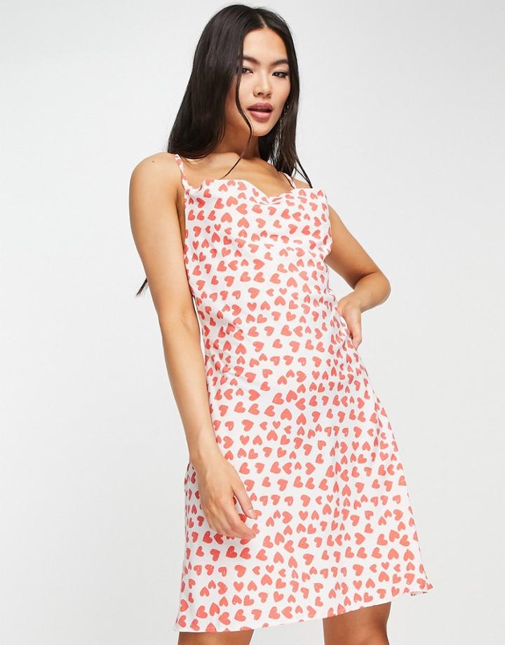 Qed London Satin Cowl Front Mini Dress With Cross Strap Back In Heart Print-multi
