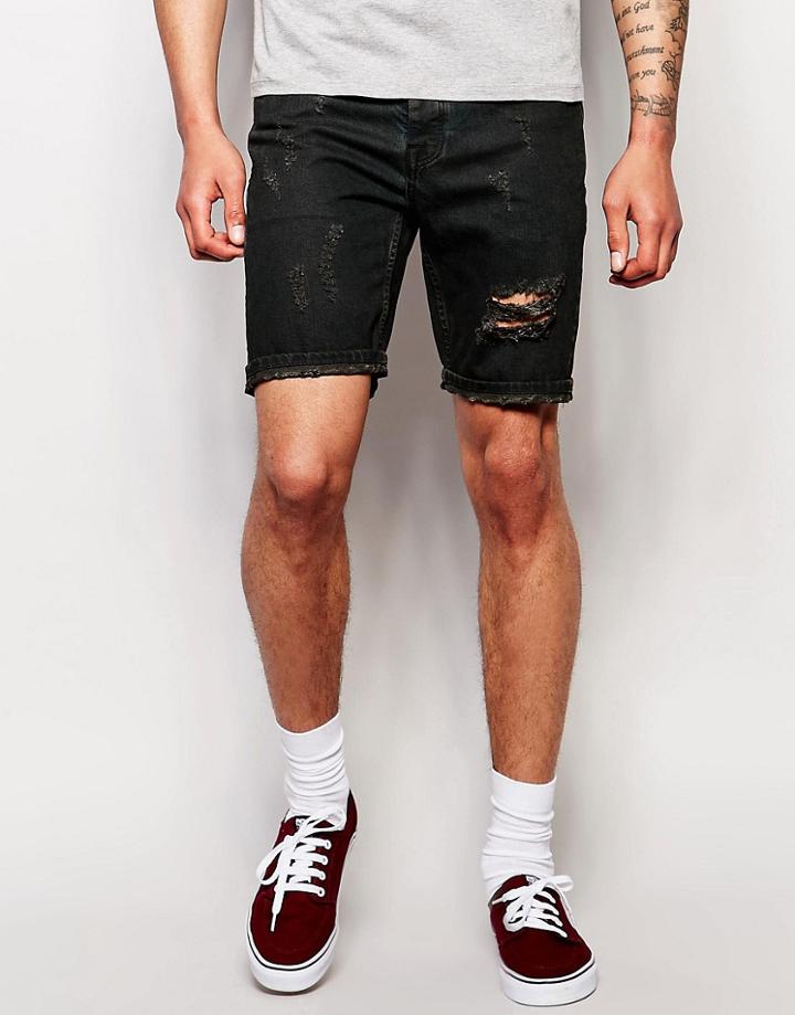 Asos Denim Shorts In Slim With Rip And Repair Detail - Black