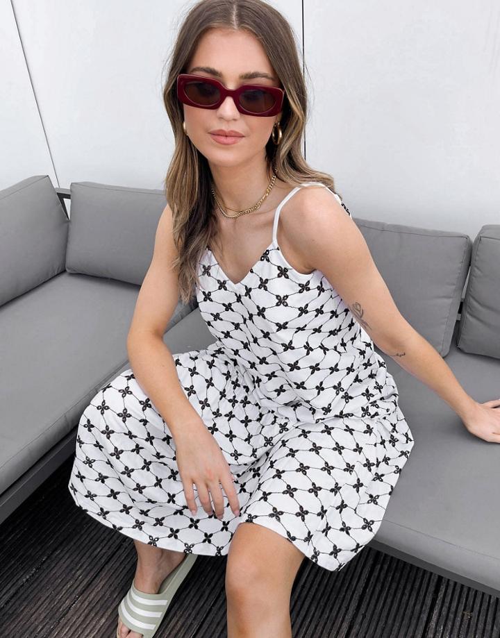Asos Design Broderie Strappy Midi Dress With Drop Waist In Black And White Contrast