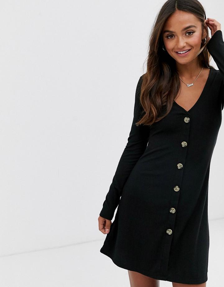 Brave Soul Skyla Rib Dress With Button Front-black