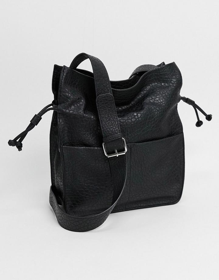 Asos Design Soft Drawstring Tote In Grainy Black Faux Leather