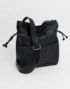 Asos Design Soft Drawstring Tote In Grainy Black Faux Leather