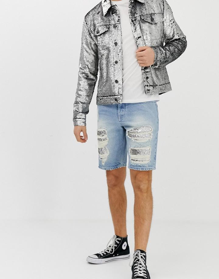 Asos Design Slim Denim Shorts In Light Wash Blue With Sequin Heavy Rips - Blue