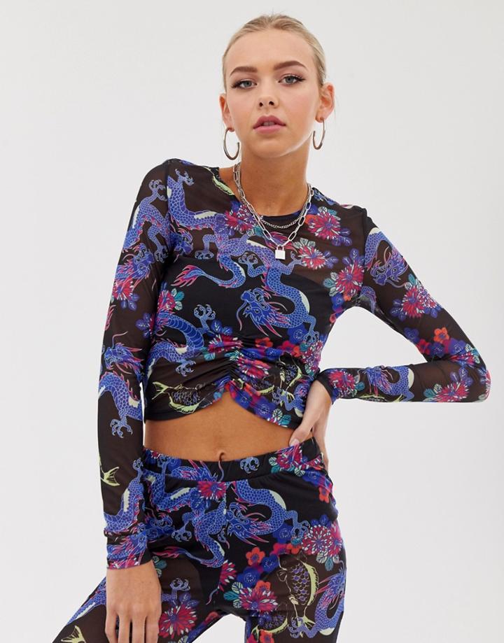 Asos Design Two-piece Mesh Top In Bright Dragon Print With Ruched Front - Multi