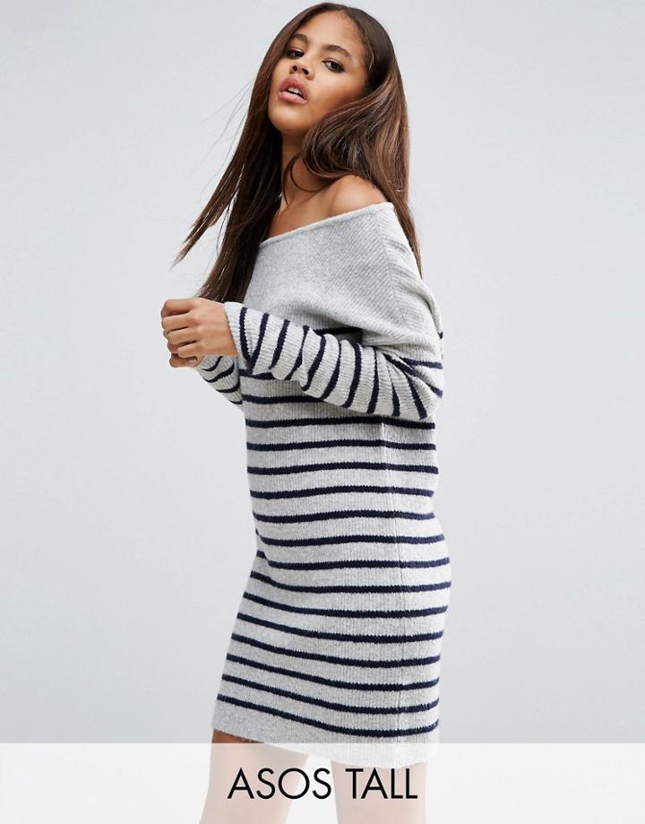 Asos Tall Sweater Dress With Off Shoulder In Stripe - Gray