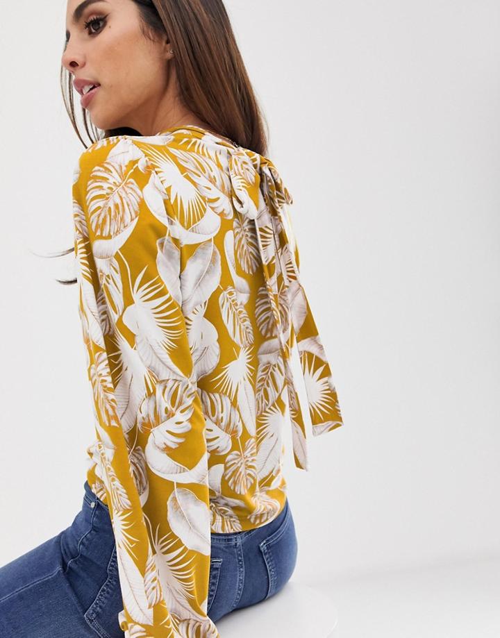 Asos Design Swing Top With Tie Neck In Palm Print-multi