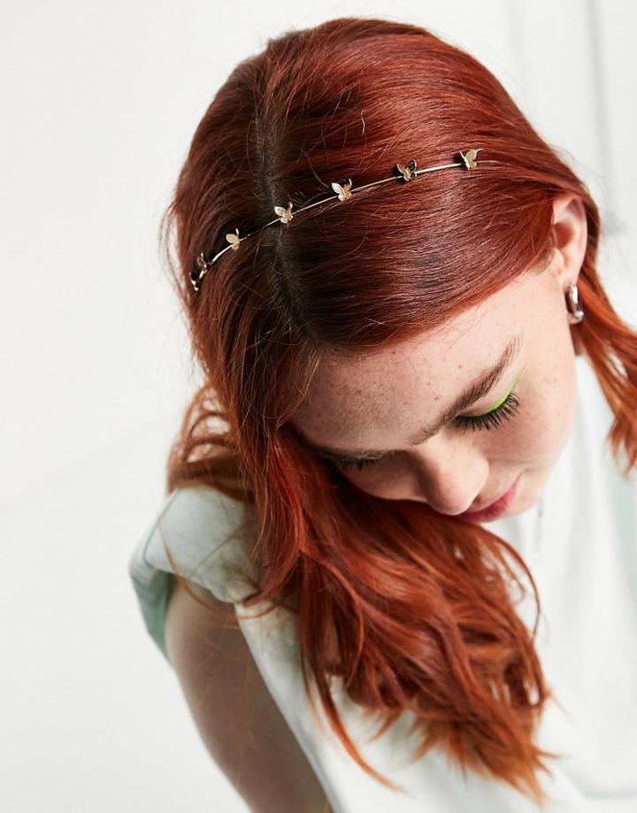 Asos Design Headband In Gold Metal With Butterfly Detail