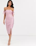 True Decadence Off Shoulder Midi Dress With Statement Organza Sleeve In Dusky Pink - Pink