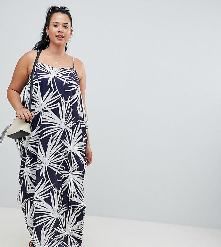 Asos Design Curve Tab Back Drape Hareem Maxi Dress In Navy Palm Print - Multi