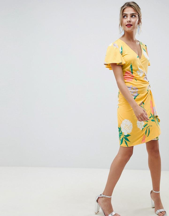 Asos Design Wrap Front Mini Dress With Angel Sleeve In Floral Print - Multi