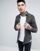 Asos Skinny Denim Shirt With Camo Print - Brown