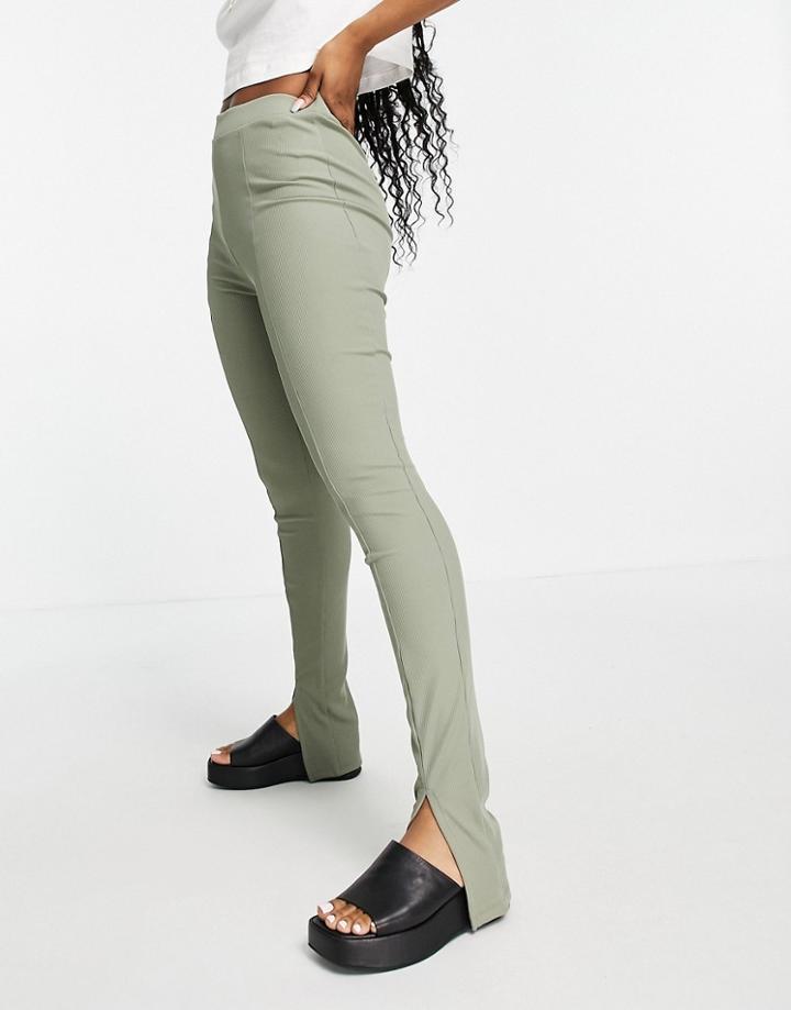 Stradivarius Split Front Leggings In Khaki-green