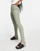 Stradivarius Split Front Leggings In Khaki-green
