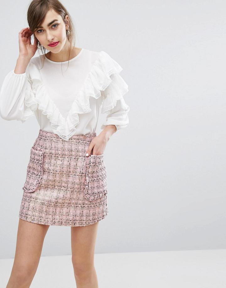 E.f.l.a Smock Top With Lace Ruffle Trim - White