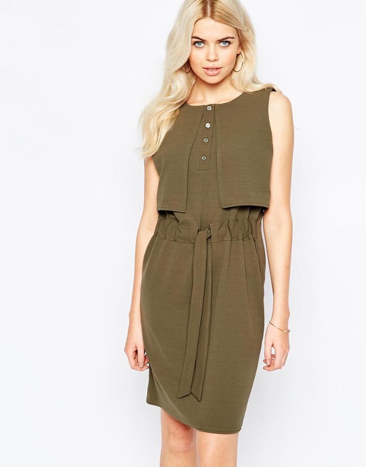 Daisy Street Midi Dress With Tie Waist And Overlay Top - Khaki
