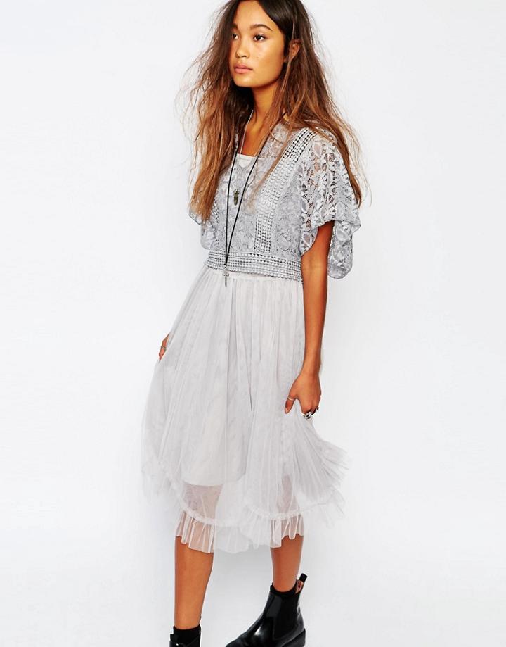 Navy London Double Layer Tulle & Lace Dress - Gray