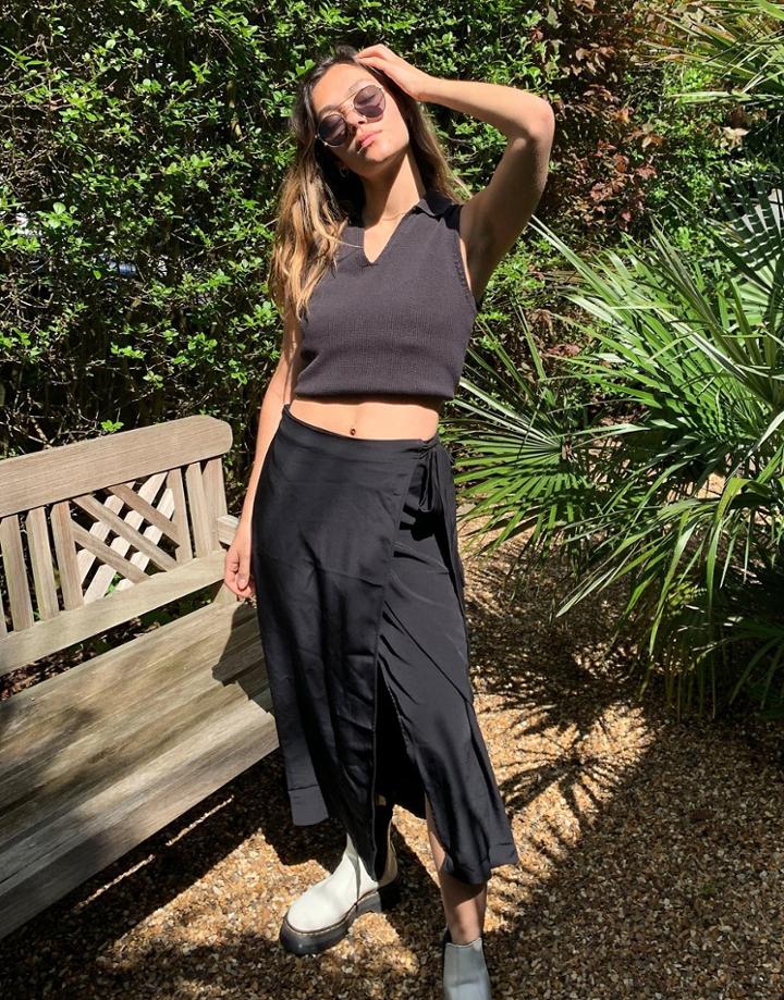 Monki Fran Wrap Midi Skirt In Black