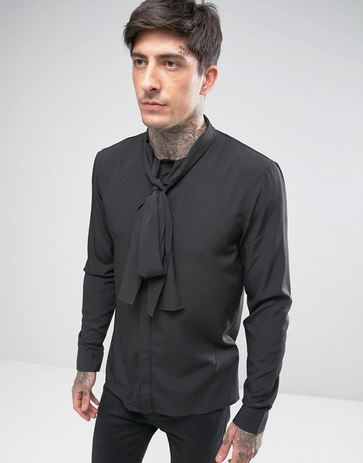 Religion Tie Neck Slim Shirt - Black