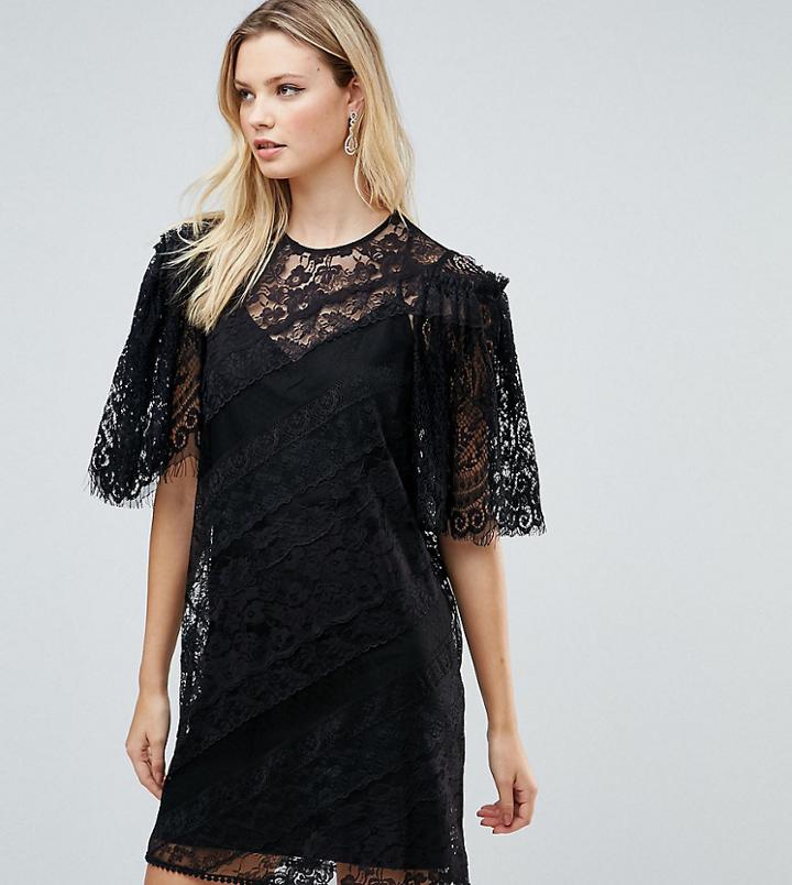 Asos Tall Delicate Lace Patchwork Flutter Sleeve Mini Dress - Black