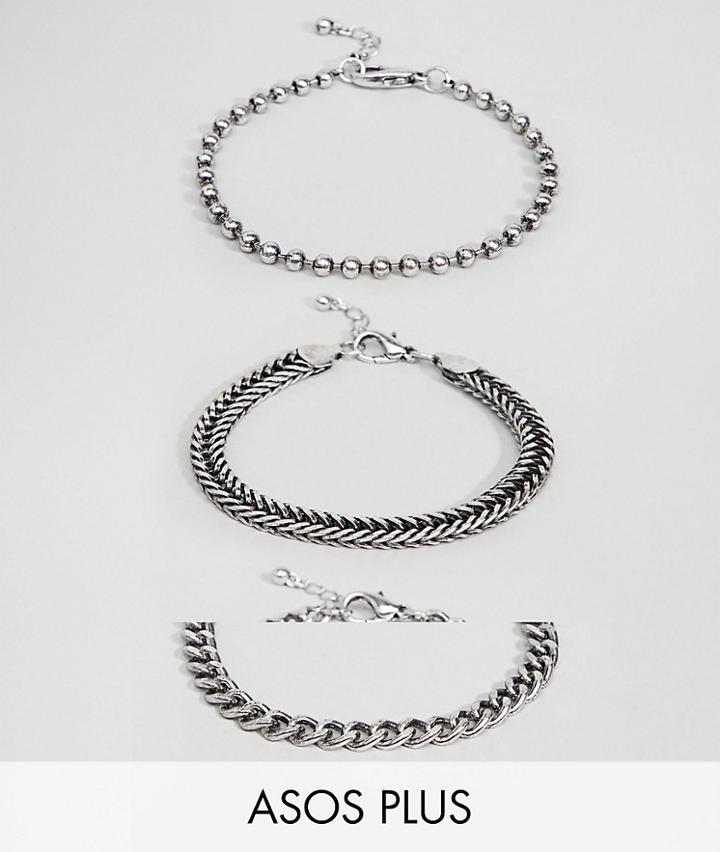 Asos Design Plus Mixed Chain Bracelet Pack In Burnished Silver - Silver