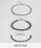 Asos Design Plus Mixed Chain Bracelet Pack In Burnished Silver - Silver