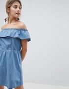 Miss Selfridge Frill Bardot Denim Dress - Blue