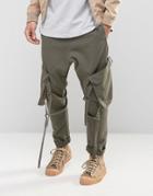 Asos Drop Crotch Pants With Strapping In Washed Khaki - Green