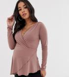 Asos Design Maternity Wrap Top In Crepe With Asymmetric Hem-pink