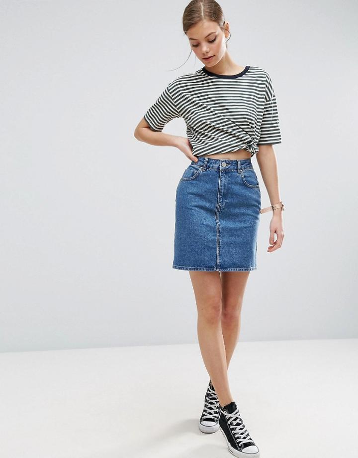 Asos Denim Original High Waisted Skirt In Mid Wash Blue - Blue