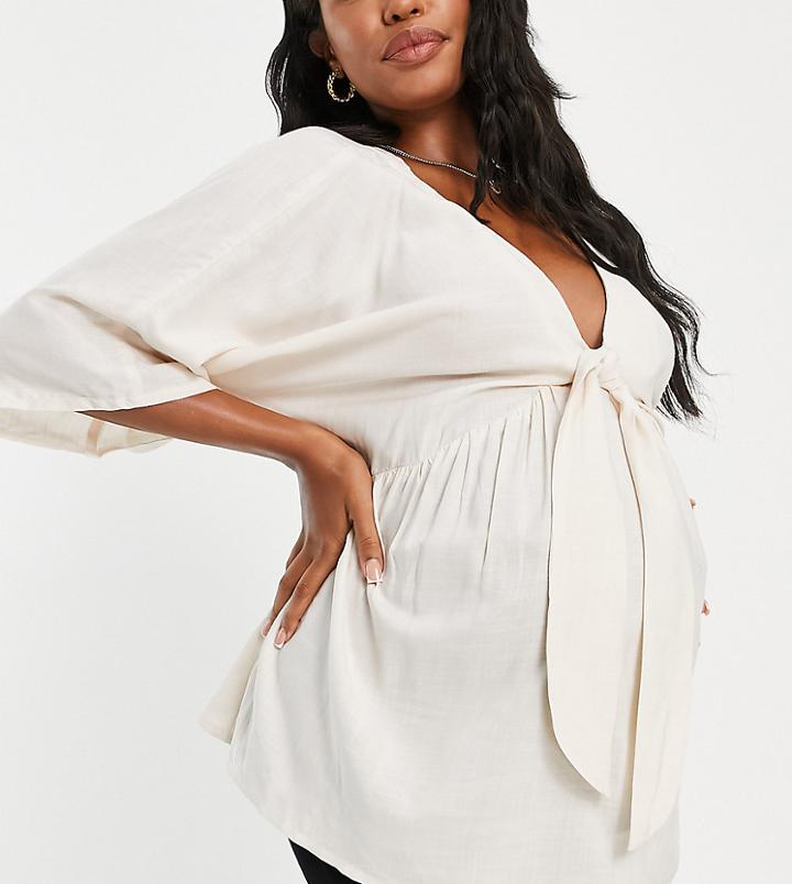 Asos Design Maternity Tie Front Kimono Top In Stone-neutral