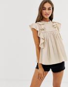 Asos Design Linen Ruffle Top With Lace Up Detail - Stone
