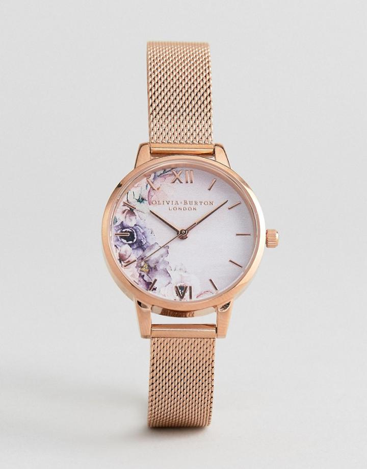Olivia Burton Ob16pp39 Watercolor Floral Mesh Watch In Rose Gold - Gold
