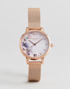 Olivia Burton Ob16pp39 Watercolor Floral Mesh Watch In Rose Gold - Gold