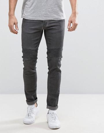 Redefined Rebel Skinny Biker Jeans In Oil Wash - Black